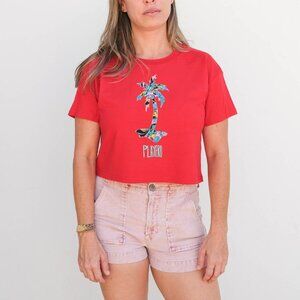🌴 Playero Red Marbleized Palm Crop Tee – Women’s Small (NWOT)